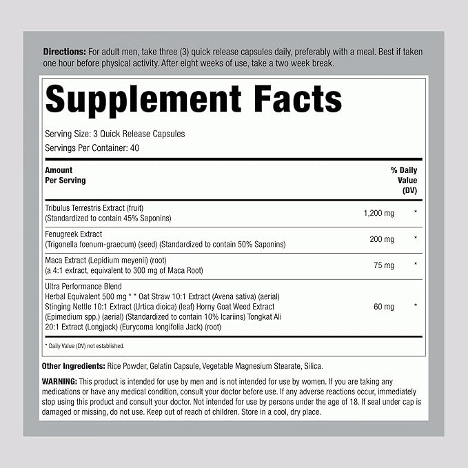 Fitness Labs Tribulus Terrestris for Men | 120 Capsules | 7-Herb Blend with Fenugreek and Maca Extract | Non GMO & Gluten Free