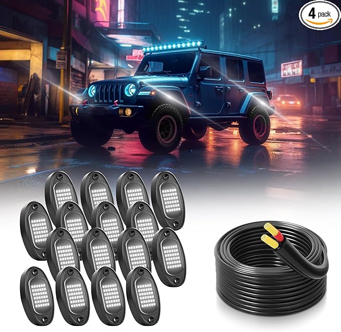 GSRECY Rock Lights Ultra Bright LED Neon Underglow Lights Waterproof for Trucks Pickup SUV UTV ATV RZR Car Boats Motorcycle (White, 16 Pods+ 33ft Wire Harness)