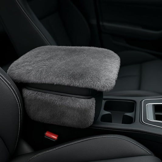 Fluffy Car Armrest Cover with Side Pockets – Plush Fuzzy Fur Center Console Armrest Cushion Pad, Universal Winter Car Interior Protector, Soft Arm Rest Cover with Storage for Women & Men (GRAY)