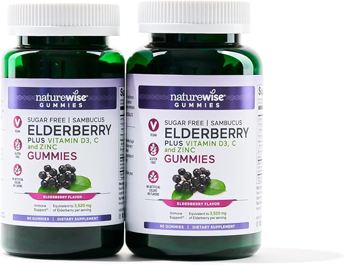 NatureWise Sambucus Elderberry Gummies - Sugar-Free - Daily Immune Support Supplement for Kids and Adults*, with Vitamin C, D3, Zinc - Vegan, Gluten Free, Non-GMO - 90 Count[45-Day Supply]
