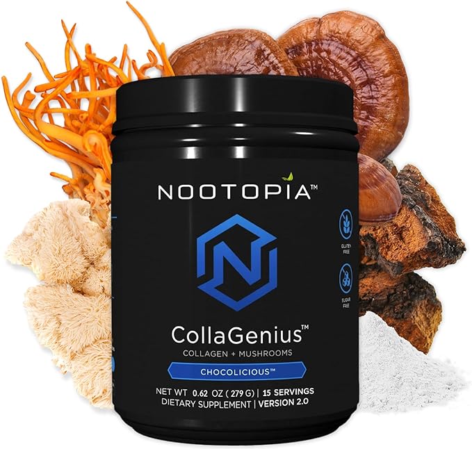 Collagenius v2.0 - Nootropic Blended Powder of 4 Mushrooms: Lions Mane, Reishi, Chaga, Cordyceps with Collagen & Superfoods - Brain Supplement (15 Servings)