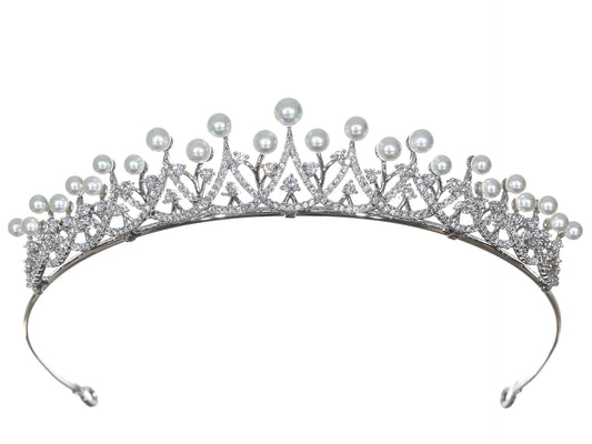 Samky Princess Cubic Zirconia Crystal Platinum Plated Pearl Bridal Tiara Crown T1265