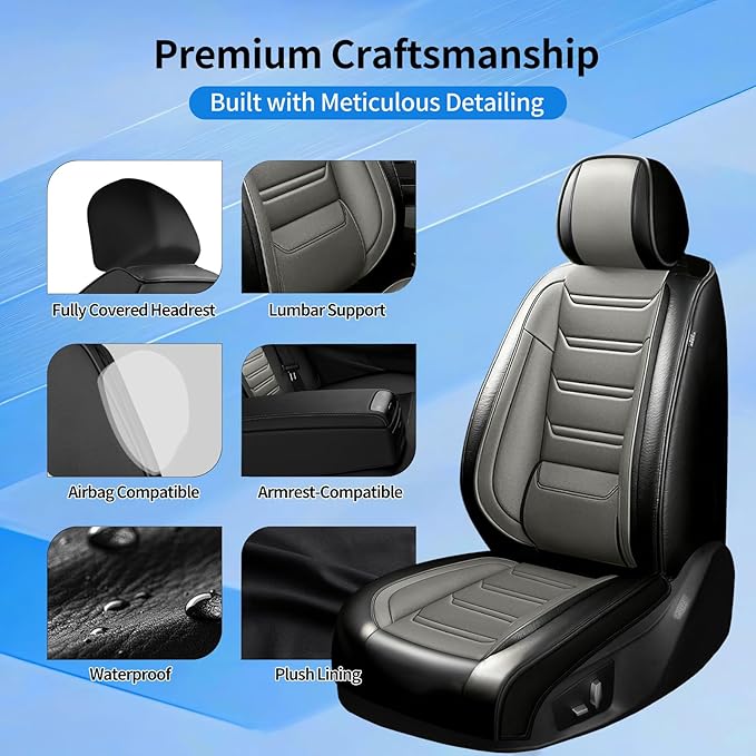 Fit Mazda 3 Car Seat Covers for Select Mazda 3 2010-2019 - Full Coverage Leather, Airbag Compatible, Waterproof & All Weather Seat Cushion Protector, Full Set, Black+Gray