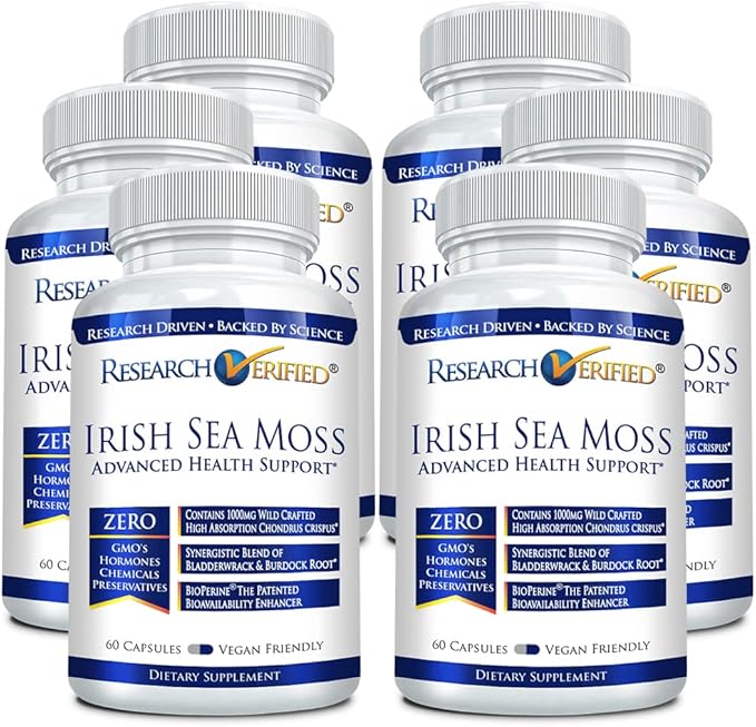 Research Verified Irish Sea Moss - Bladderwrack, Burdock, BioPerine - Rich in Prebiotics - Boost Immunity, Aid Digestion - 360 Capsules - Vegan - Made in The USA