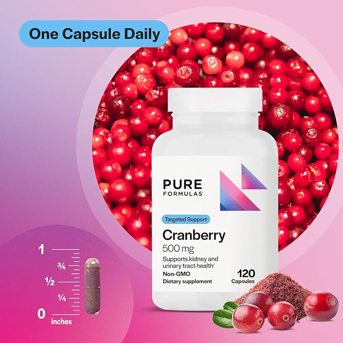 PureFormulas Cranberry 500 mg - Supports Kidney and Urinary Tract Health - Antioxidant Supplement for Immune Protection and Cellular Health - Cranberry Pills for Women & Men - Non-GMO - 120 Capsules