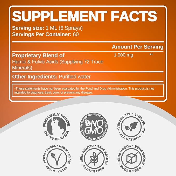 Advanced Fulvic Acid and Humic Acid Trace Mineral Liquid Spray Supplement. 70+ Ionic Organic Vital Minerals & Electrolytes, Similar Benefits of Shilajit & Drops (8 oz, 240 Servings)