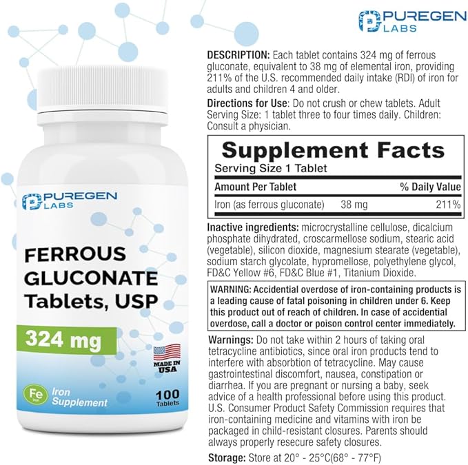 Puregen Labs Ferrous Gluconate 324 mg [High Potency] Iron Supplement, Gentle on Stomach - 100 Tablets