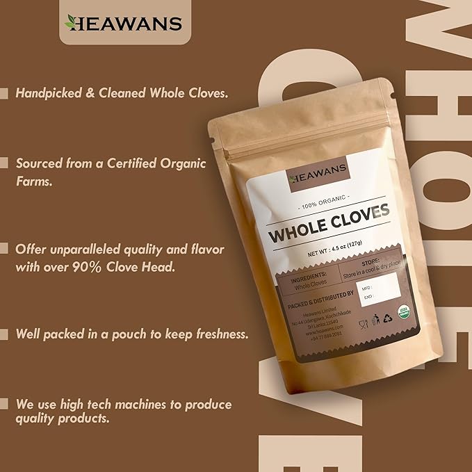Heawans Hand Picked Premium Grade Organic Whole Cloves 4.5 oz, Packed in a USDA certified farm.