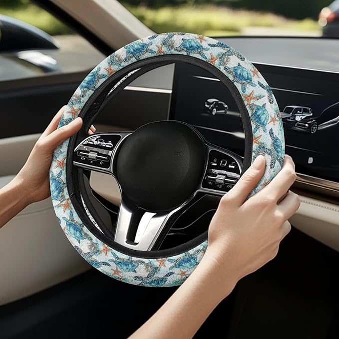 AFPANQZ Steering Wheel Cover for Women, Turtle Starfish Print Sweat Absorbing Non-Slip Steering Wheel Protection Case Machine Washable Elastic Flexible Universal 14 to 15 inch