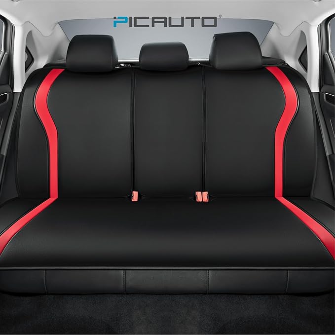 PIC AUTO Leather Car Seat Covers, Premium Automotive Waterproof Front & Rear Full Set Bucket Car Seat Protectors, Black and Red PVC Patchwork, Fits for Cars, Trucks, Van, SUV, Airbag Compatible
