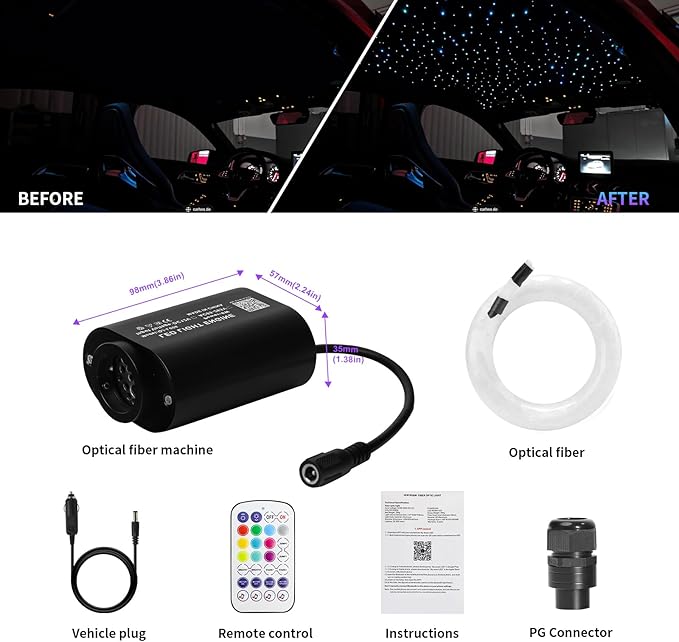 Small Size Car Twinkle Fiber Optic Starlight Headliner Kit, Sound-Activated APP& Remote Control Starlight Engine for Car Home, 300pcs 9.8ft