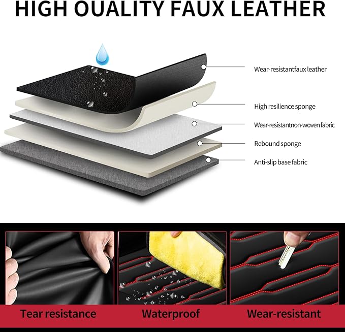 Fit Legacy Car Seat Covers for Ford Legacy 2008-2024 2025 2026 - Upgraded Premium Waterproof & Breathable Leather, Airbag Compatible, All-Weather Seat Cushion Protector (2 Front/Black+Red)