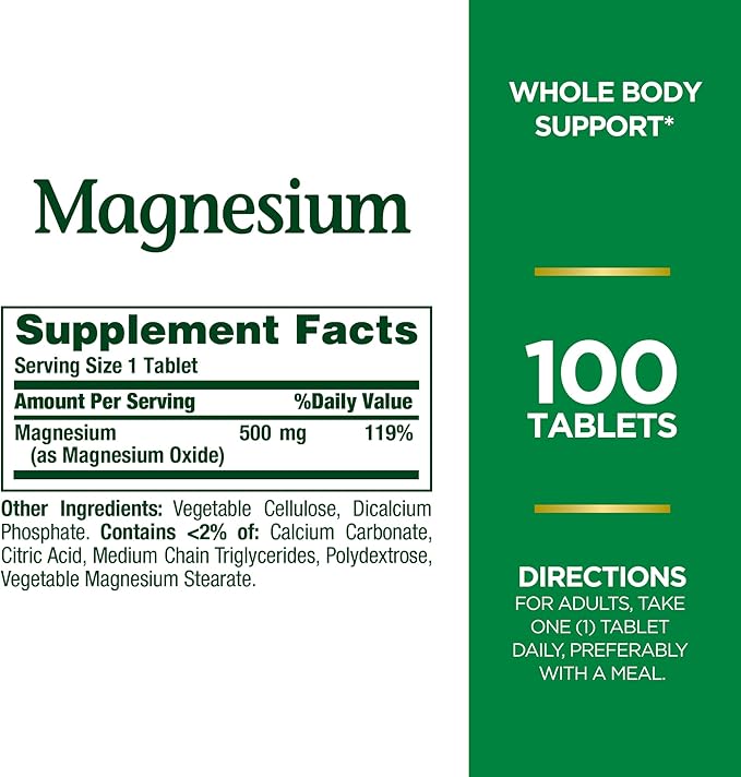 Nature's Bounty Magnesium, Mineral Supplement, Supports Bone and Muscle Health, 500 mg, Coated Tablets, 100 Count