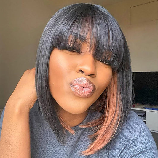 Toyotress Peek-A-Boo Color Bob Wigs With Bangs - 14 Inch Blunt Cut Black Mix Brown Light Yaki Straight Hair Daily Costume Wig Fo