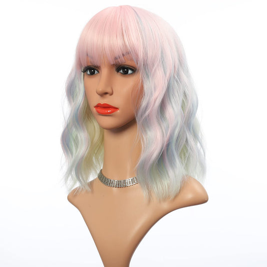 Vckovcko Colored Wig Natural Wavy Wig With Air Bangs Short Bob Piano Color Wigs Women'S Shoulder Length Wigs Curly Wavy Syntheti