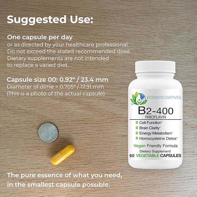 B2-400 Pure Riboflavin - Nervous System Health, Homocysteine Detox, Cardiovascular, Helps Boost Energy, Mental Clarity, Metabolism and Cell Function - 60 Vegan Capsules