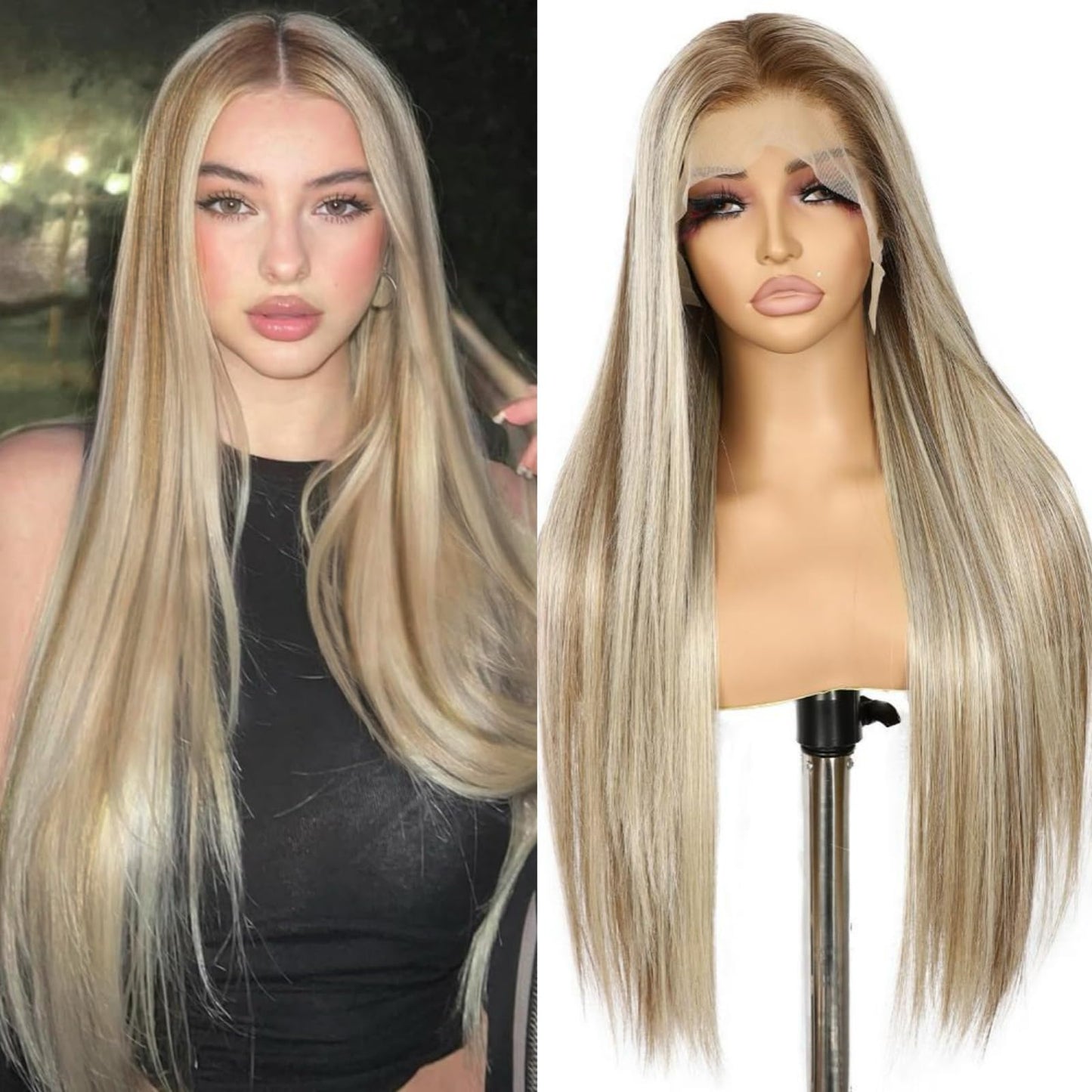 Sapphirewigs 13  6 Synthetic Lace Front Wigs Long Straight Hair Pre Plucked Highlight Ash Blonde With Brown Lace Wigs For Women