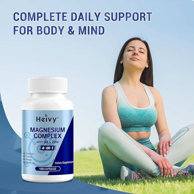 Magnesium Complex with D3 and Zinc - 4-in-1 Magnesium Glycinate, Citrate, Malate & Gluconate - Supplment for Muscle, Heart, Nerve & Bone Support - 120 Capsules
