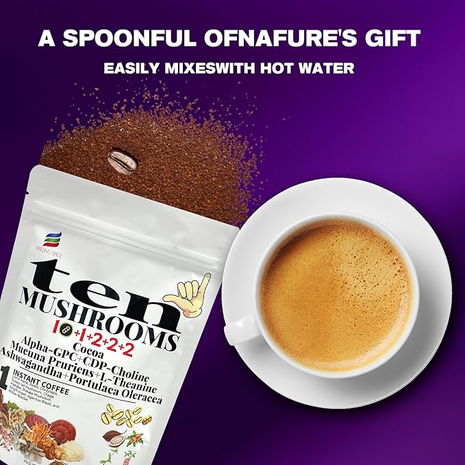 SUNDAFONE 17-in-1 Mushroom Coffee Powder with L-Theanine，Alpha-GPC，Ashwagandha for Boost Brainpower,Sharpen Focus,Lift Mood,Ease Stress,Support Heart & Immunity, 60 Servings Instant 10 Mushroom Coffee
