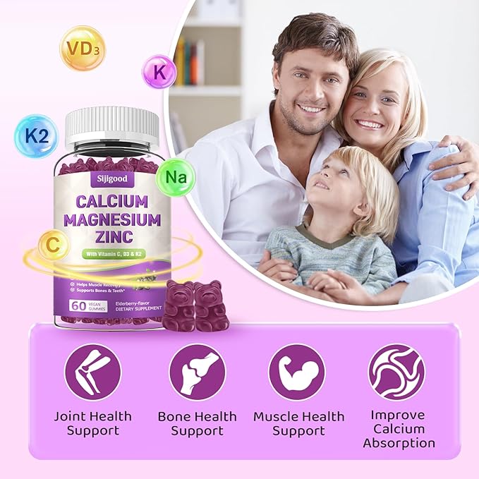 Calcium Magnesium Zinc Gummies with Vitamin C D3 K2, Calcium Gummies for Bone, Muscle, Calm & Zzz Support, High Absorption Formula with Magnesium Zinc Folate Potassium, Elderberry Flavored 60 Counts