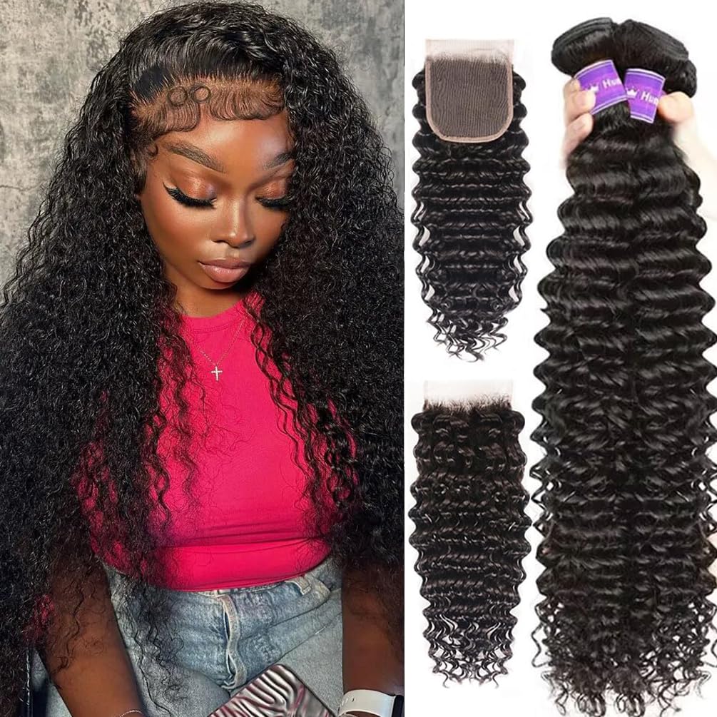 Deep Wave Bundles With Closure (16 18 20+14 Free Part) Brazilian Human Hair 3 Bundles With 4X4 Lace Closure 12A 100% Unprocessed