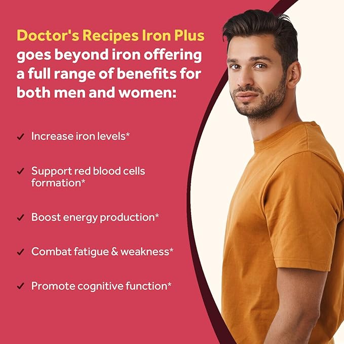 Doctor's Recipes Iron Supplement for Women Men - Gentle Iron Bisglycinate with Vitamin C, B6, Folate & B12 - Non-Constipating & Stomach Friendly Iron Pills for Blood & Energy Support, 180 Vegan Caps