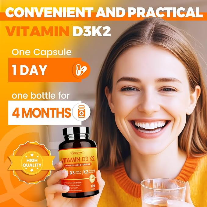 ZEBORA Vitamin D3 K2 with Zinc and Selenium - 5000 IU of Vitamin D3, 100 Mcg MK7 Vitamin K2 for Maximum Absorption, Supports Bones, Teeth & Immune Healt, 120 Capsules
