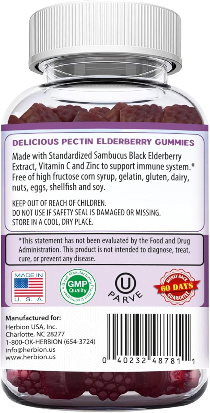 HERBION Elderberry Gummies with Vitamin C & Zinc - Healthy Immune System Support - Gluten-Free & Gelatin-Free - 60 Gummies for Adults & Children 4 Years & Above - Made in USA, 60 Count (Pack of 1)