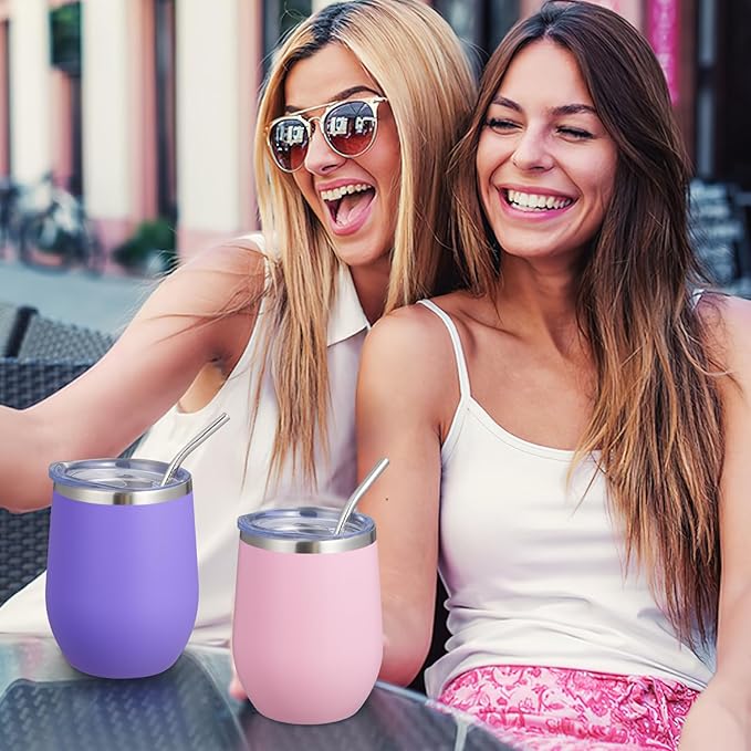COMOOO Stainless Steel Wine Tumbler Glass Bulk with Lid and Straw 12oz Double Wall Vacuum Insulated Travel Tumbler Cup Stemless for Coffee Wine Cocktails Ice Cream Cup, Light Purple, 12 pack