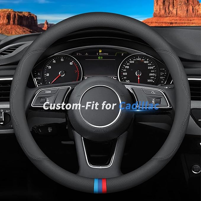 Custom-Fit Leather Steering Wheel Cover for Cadillac, Non-Slip, Breathable, D-Style