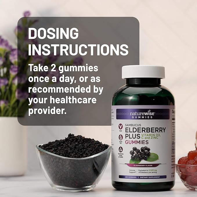 NatureWise Sambucus Elderberry Gummies - Immune Support Supplement for Kids Ages 4+ & Adults with Vitamin C, D3, Zinc - Elderberries Equivalent to 3520mg - Vegan, Non-GMO - 180 Count[90-Day Supply]
