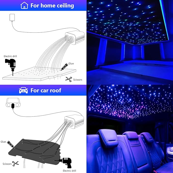 AMKI Dual Color 20W Twinkle Starlight Headliner Kit 900pcs 0.03in 9.8ft Fiber Optic Star Ceiling Light Sound Activated Music Mode APP/Remote Control Dual Port Light Box for Car Home Roof Decor