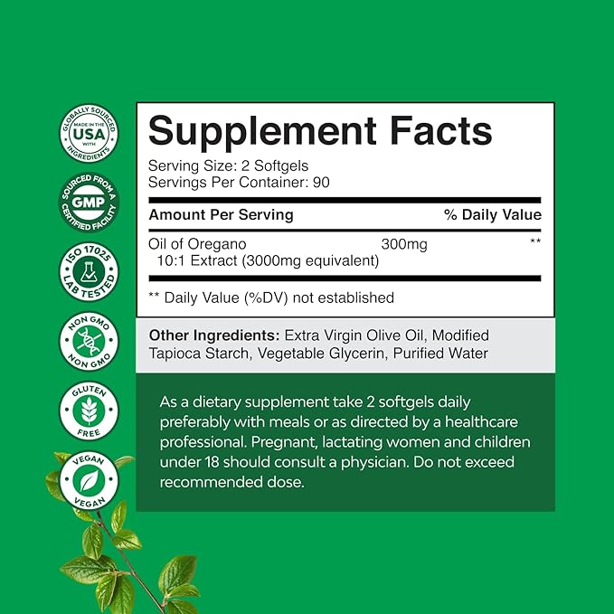 Vegan Wild Oregano Oil Softgels - Super Concentrated Oil of Oregano Softgels with 3000mg Herbal Equivalent and Min 70% Carvacrol for Gut Heart Detox and Immune Support - Vegan & Non-GMO (180CT)