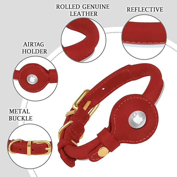 OOPSDOGGY Rolled Leather Dog Collar with Airtag Holder - Reflective Round Airtag Dog Collar - Soft Tracking Pet Collar for Small Dogs Puppy Cats Kitten (Red, S, 10"-13")