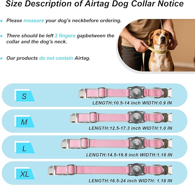 Waterproof Airtag Dog Collar - Nylon Collar with Durable Airtag Holder, Reflective&Anti-Lost with Safety Metal Buckle, Soft Padded Adjustable for Small Medium Large Dogs Pink XL