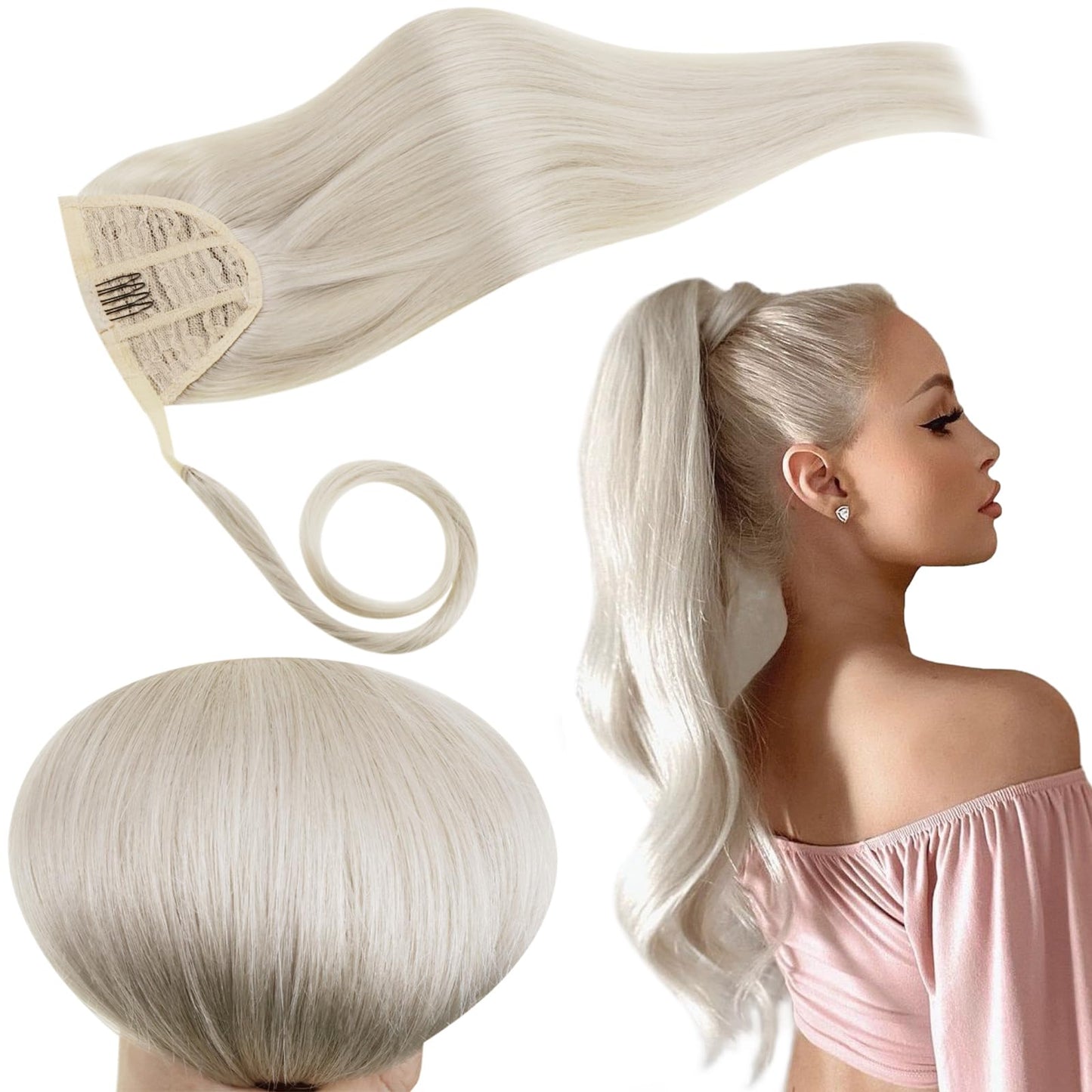 Runature Ponytail Human Hair Extension 16 Inch White Blonde Ponytail Hair Extensions Human Hair Straight Wrap Around Ponytail Ex