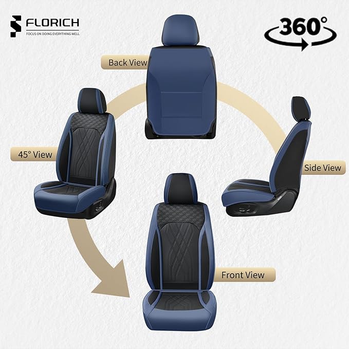 FLORICH Seat Covers Full Set Leather Cars Seat Cover Front and Rear 5 Seats Full Coverage Seat Cushion Protector Waterproof Automotive Interior Cover Universal Fit for Most Cars Trucks SUV, Black&Blue