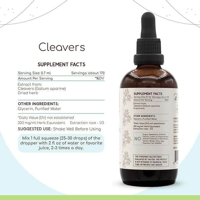 Cleavers B120 Alcohol-Free Herbal Extract Tincture, Concentrated Liquid Drops Natural Cleavers (Galium aparine) Dried Herb (4 fl oz)