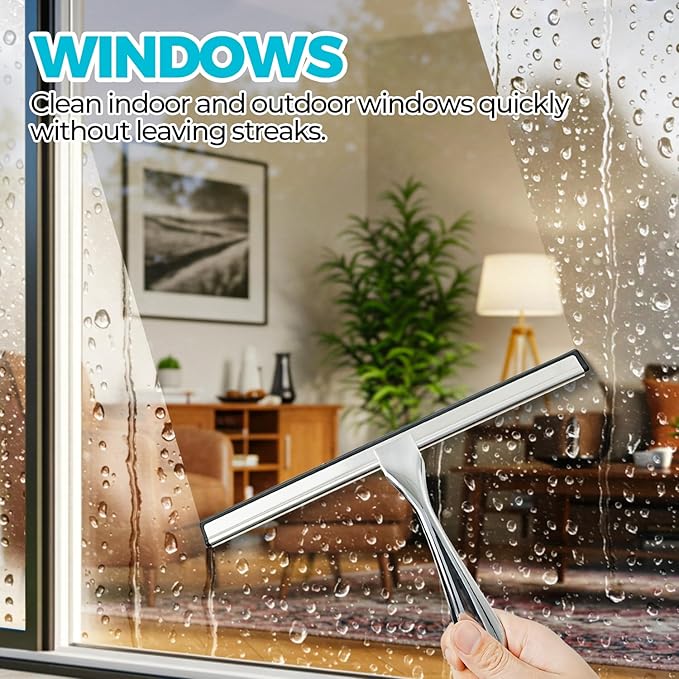 ALFLOD 2PACK 12-Inch All-Purpose Shower Squeegee for Shower Doors, Tile Shower Walls, Bathroom, Window, Glass and Car Windshield, Mirrors and Kitchen-Stainless Steel, Multitools, Silver
