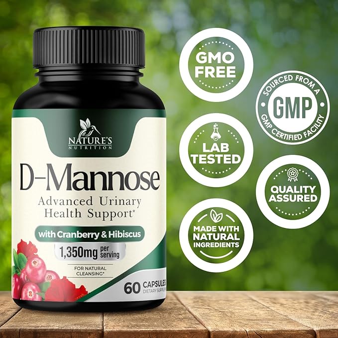 DMannose Pills with Cranberry 1350mg Advanced Formula - Effective Natural Bladder, Urinary Tract Health Support, Flush Impurities - D Mannose Supplements for Women & Men, Non-GMO, Vegan - 60 Capsules