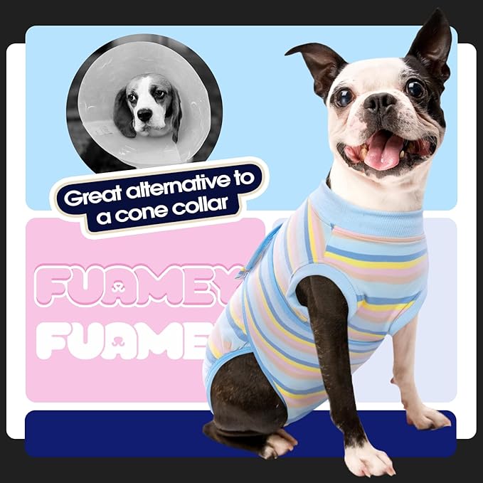FUAMEY Recovery Suit for Dogs After Surgery,Soft Breathable Dog Bodysuit E-Collar & Cone Alternative Surgical Suit,Male Female Dog Neuter Spay Suits Anti Licking Wounds Onesie Blue Yellow Stripes S