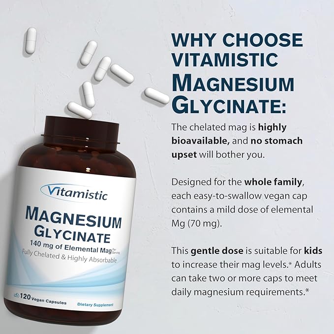 Magnesium Glycinate, Chelated, Highly Bioavailable, Fully Reacted & Non-Buffered, Gentle on The Stomach, 140 mg Elemental Magnesium, for Sleep, Bone, Muscle, Non GMO, 120 Vegan Caps
