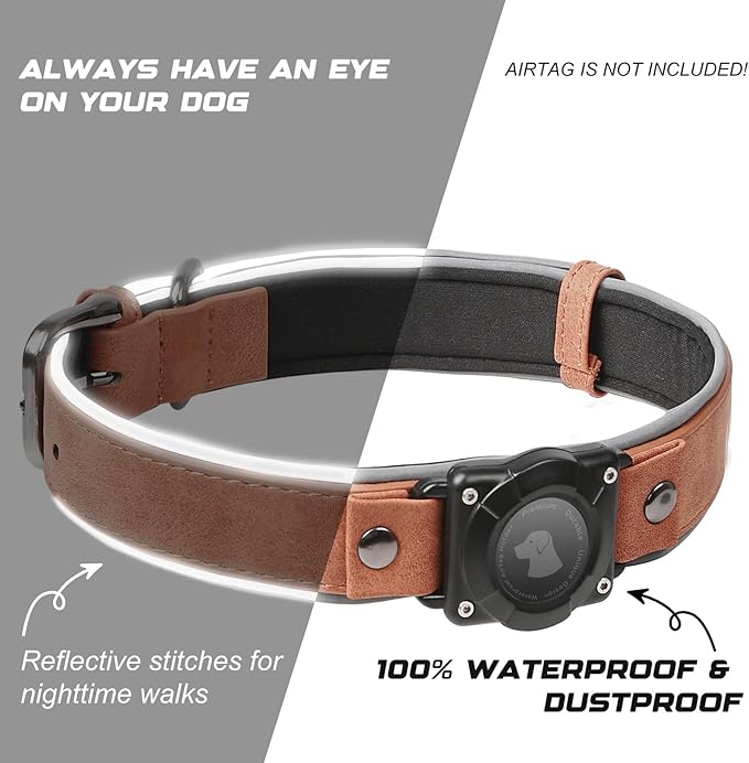 AirTag Dog Collar - Leather Dog Collar with Air Tag Holder | IPX8 Waterproof, Reflective, High - End, Adjustable Soft Padded | Dog GPS Tracker Collars Fit for Medium Large Dogs (Mahogany Brown, M)