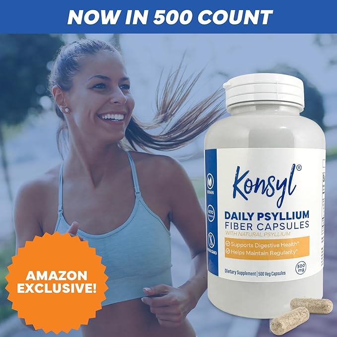 Konsyl Daily Psyllium Fiber Capsules - Contains 1500mg of All-Natural Psyllium Husk Powder per Serving - Supports Digestive Health and Weight Management Goals+ (500 Count (Pack of 1), Unflavored)