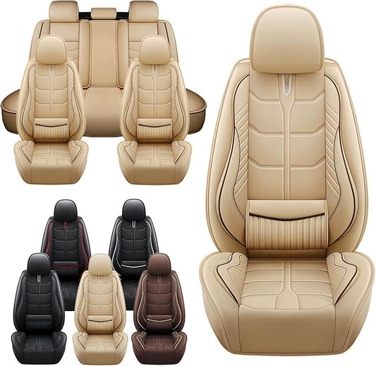 Leather Car Seat Covers Fit for Toyota Tundra 2000-2024, 5 Seater Car Seat Cover, Premium Waterproof, Scratch Resistant Car Interior Accessories (Full Set Beige)