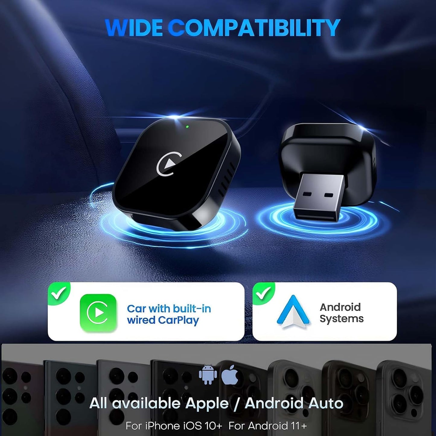 Wireless Adapter Convert Wired to Wireless for CarPlay＆Android Small Size, Plug and Play, Fast and Stable Connection