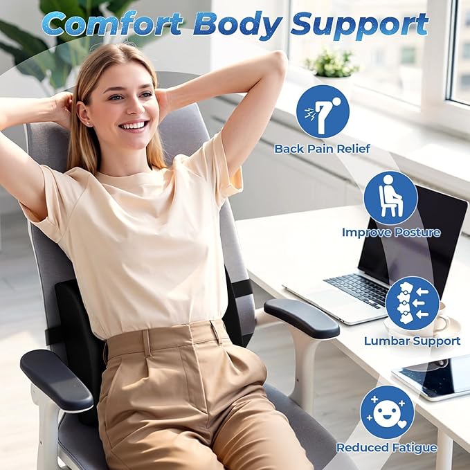 Lumbar Support Pillow for Office Chair Back Support - Memory Foam Lumbar Pillow for Car or Gaming Chair, Ergonomic Back Cushion with Adjustable Strap for Long-Hour Sitting (Black,X-Large)