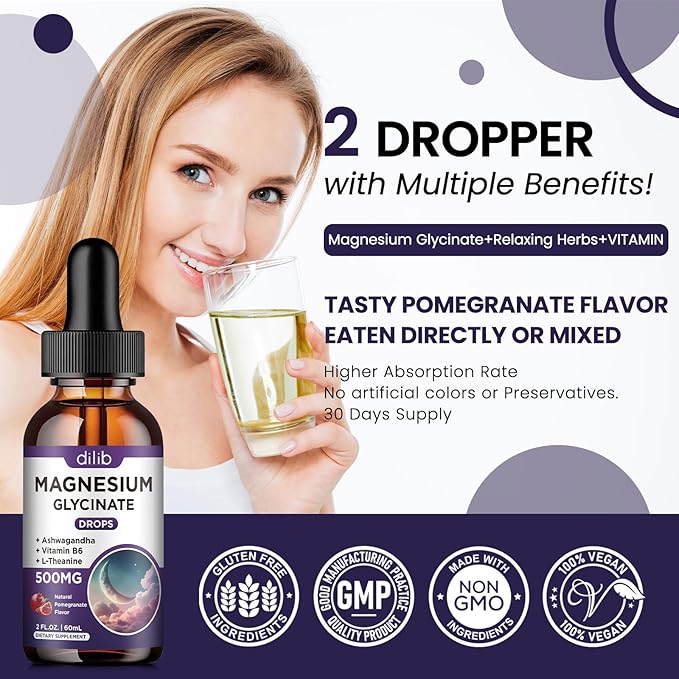 Magnesium Glycinate Liquid Drops 500mg, with Vitamin B6, Ashwagandha, L - Theanine, Chamomile, Magnesium Glycinate Supplement High Absorption for Sleep, Stress, Energy, Mood - Pomegranate Flavor