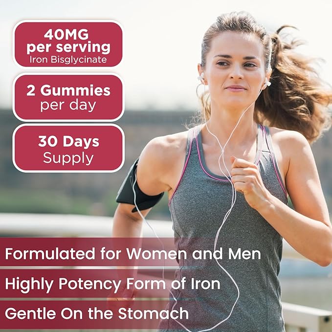 Iron Gummies Supplement for Women & Men, Kids Iron Supplements for Anemia with Vitamin C, B12, Folate - Blood Builder & Energy Support for Iron Deficiency - Sugar Free Strawberry Flavor, 60 Gummies