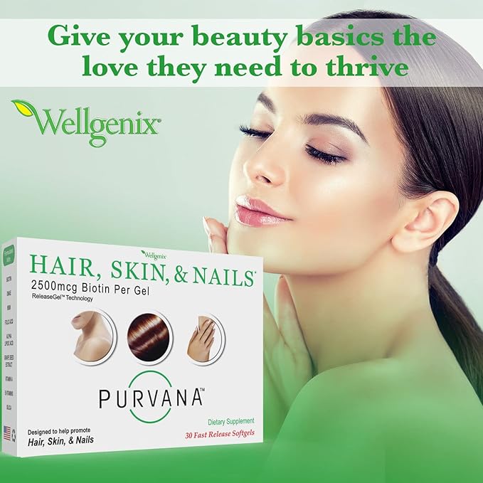 Wellgenix Purvana Hair, Skin, and Nails Vitamin - 2500mcg Biotin, Folic Acid, DMAE, Grape Seed Extract - One a Day Softgels - PCOS & Postpartum Hair Loss Support - (30 Count)